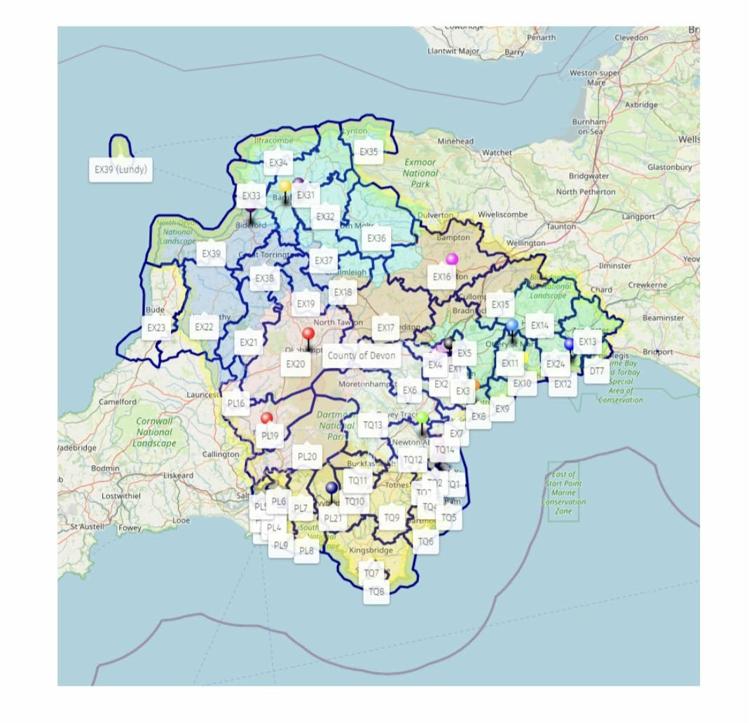 Image shows map of support groups in Devon